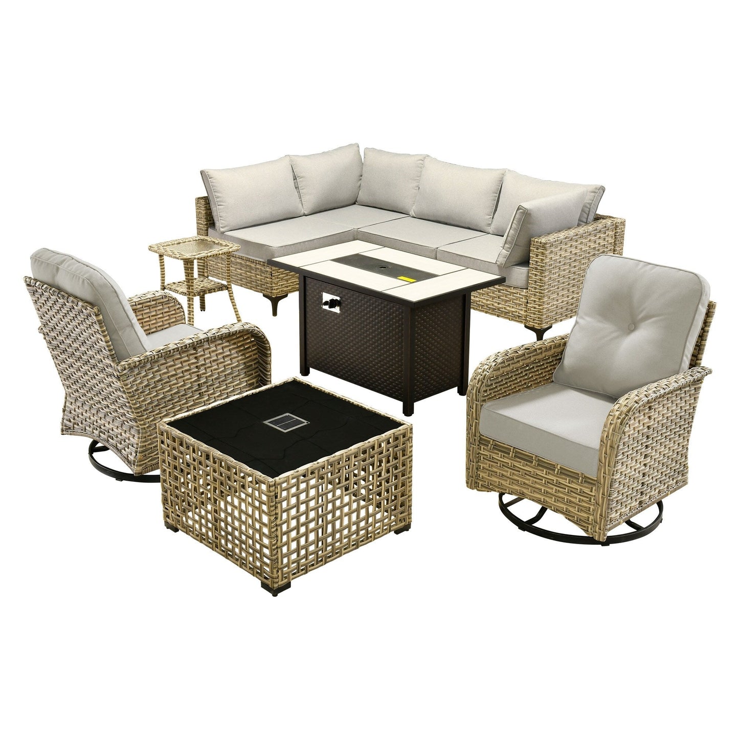 OVIOS Ensemble de 9 pièces en rotin pour extérieur avec chaise pivotante et table à feu.
