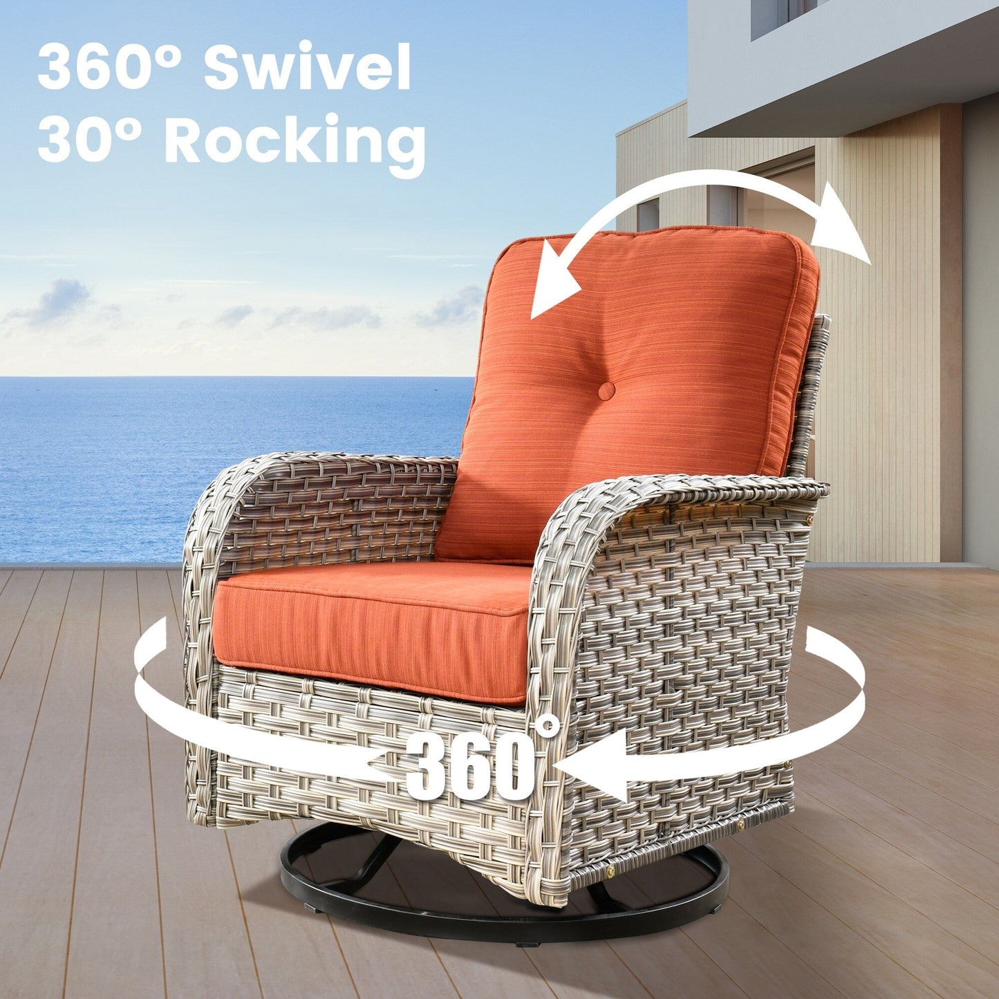 OVIOS Ensemble de 9 pièces en rotin pour extérieur avec chaise pivotante et table à feu.