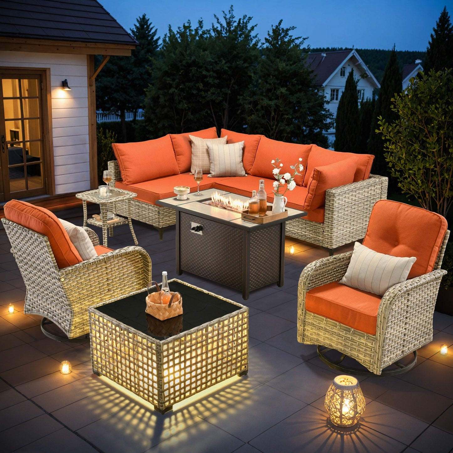 OVIOS Ensemble de 9 pièces en rotin pour extérieur avec chaise pivotante et table à feu.