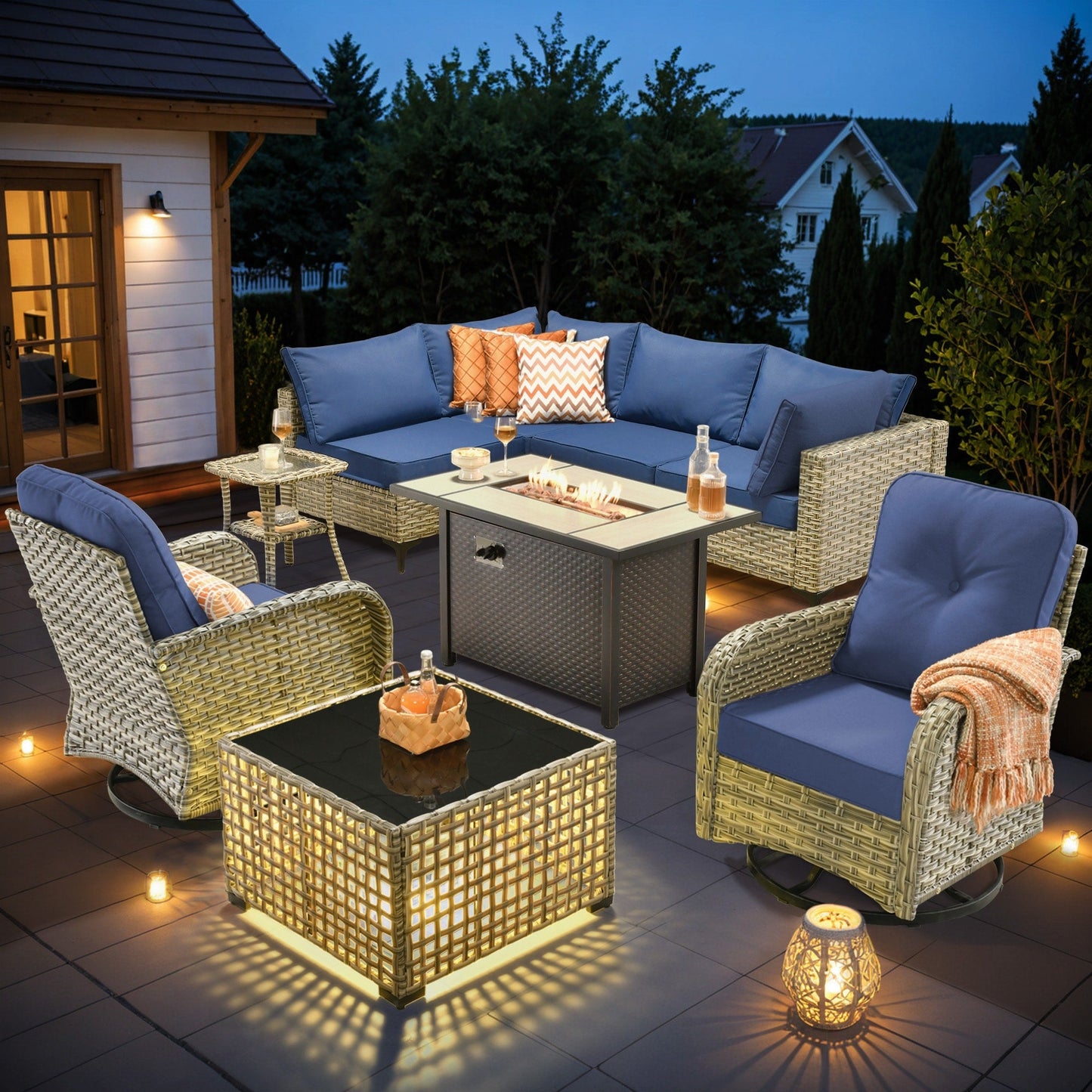 OVIOS Ensemble de 9 pièces en rotin pour extérieur avec chaise pivotante et table à feu.