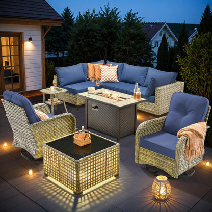 OVIOS Ensemble de 9 pièces en rotin pour extérieur avec chaise pivotante et table à feu.