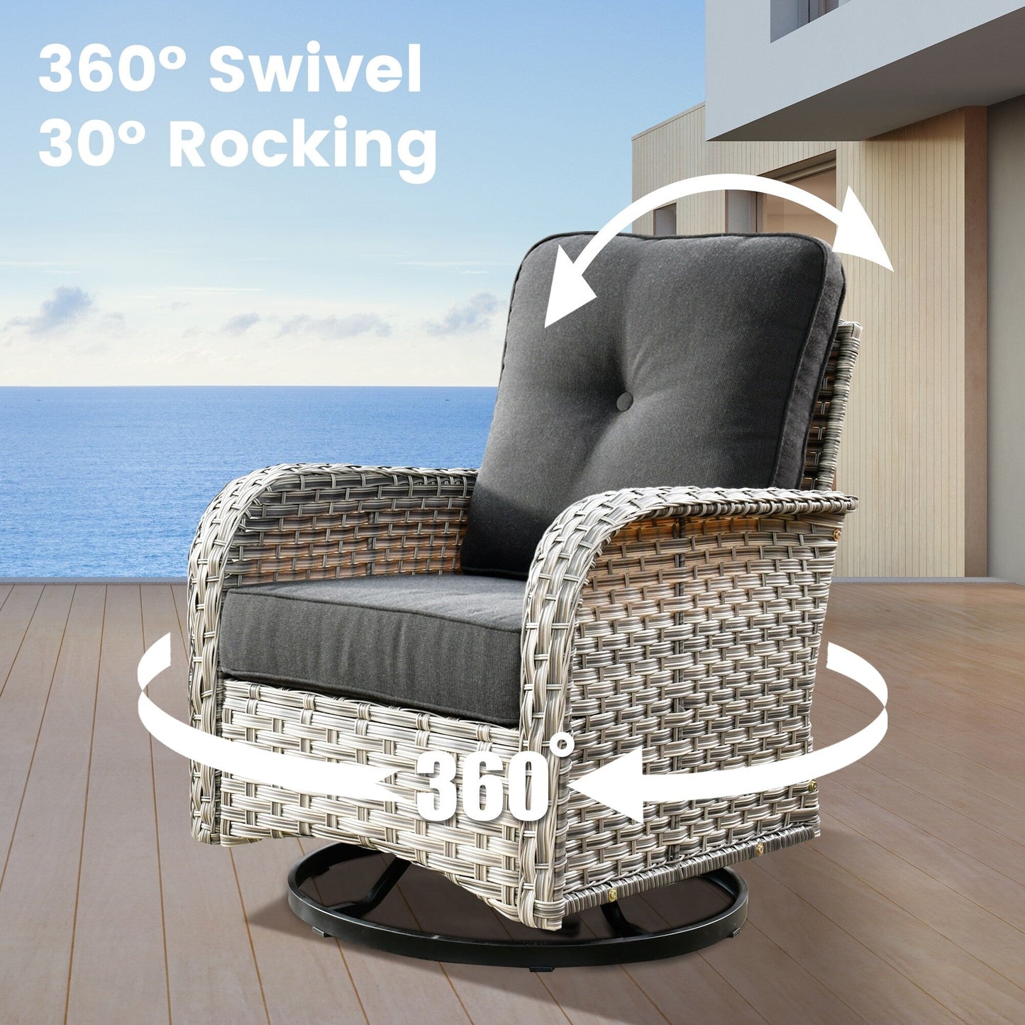 OVIOS Ensemble de 9 pièces en rotin pour extérieur avec chaise pivotante et table à feu.