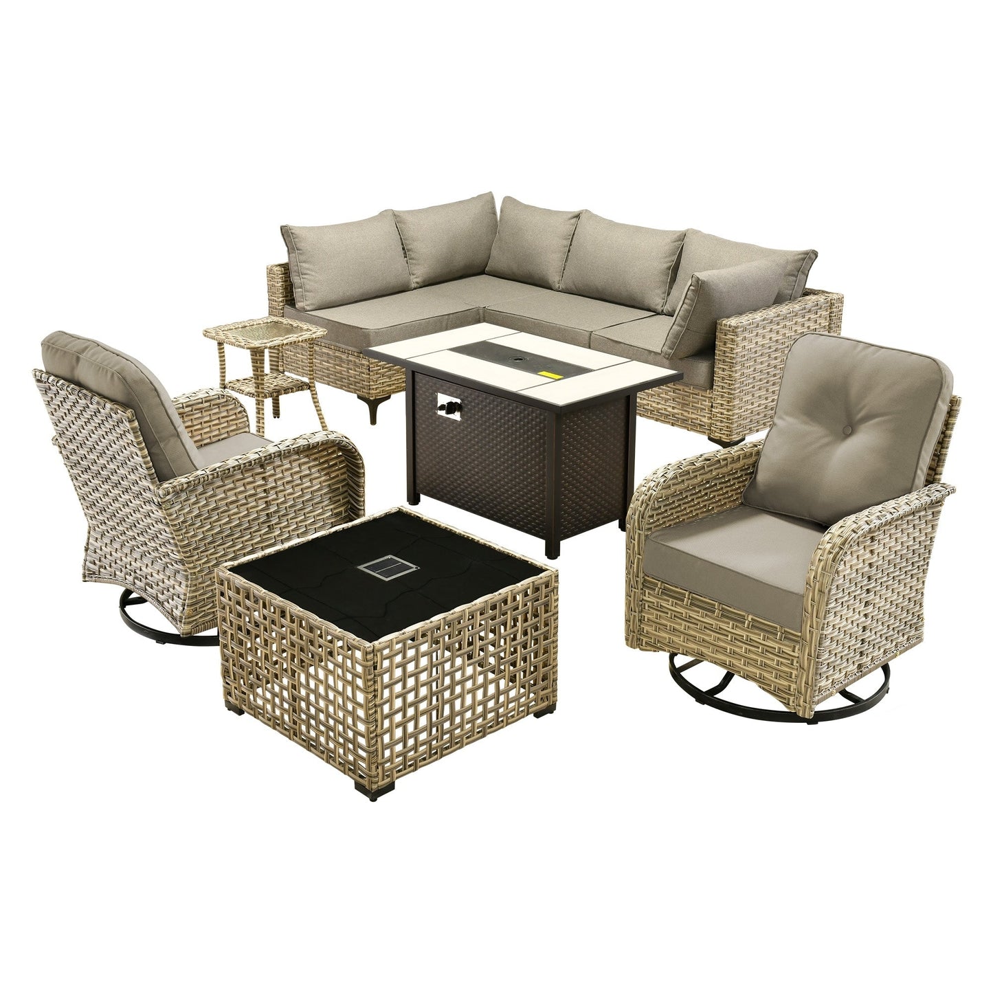 OVIOS Ensemble de 9 pièces en rotin pour extérieur avec chaise pivotante et table à feu.