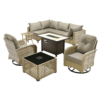 OVIOS Ensemble de 9 pièces en rotin pour extérieur avec chaise pivotante et table à feu.
