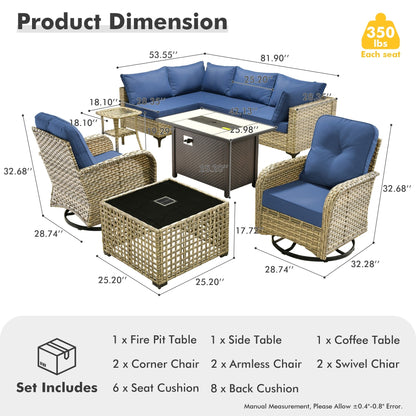 OVIOS Ensemble de 9 pièces en rotin pour extérieur avec chaise pivotante et table à feu.
