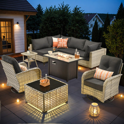 OVIOS Ensemble de 9 pièces en rotin pour extérieur avec chaise pivotante et table à feu.