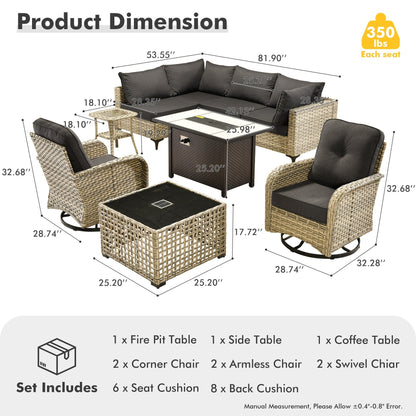 OVIOS Ensemble de 9 pièces en rotin pour extérieur avec chaise pivotante et table à feu.