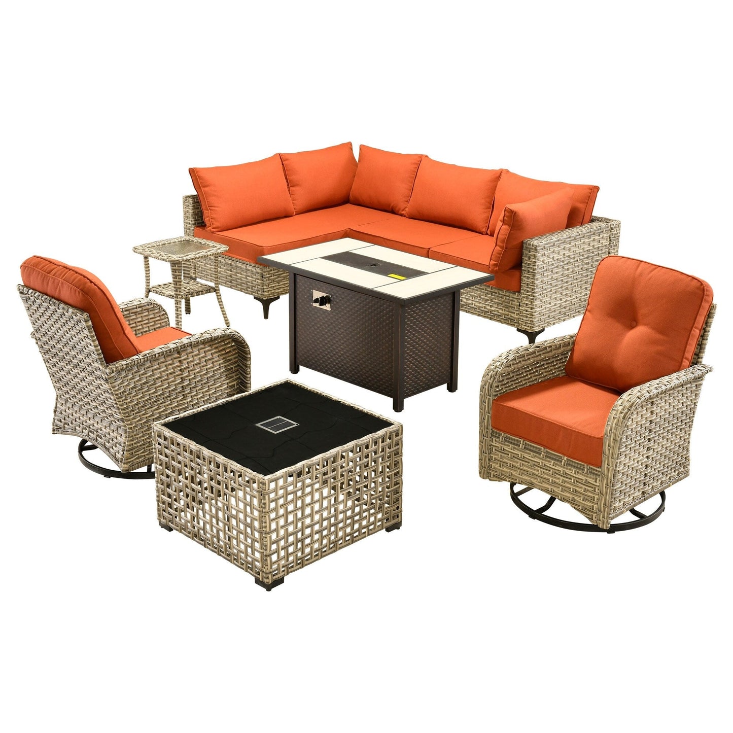 OVIOS Ensemble de 9 pièces en rotin pour extérieur avec chaise pivotante et table à feu.