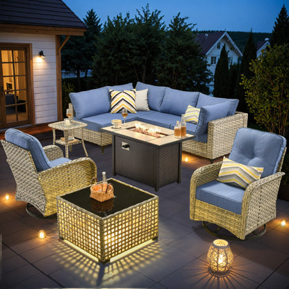 OVIOS Ensemble de 9 pièces en rotin pour extérieur avec chaise pivotante et table à feu.