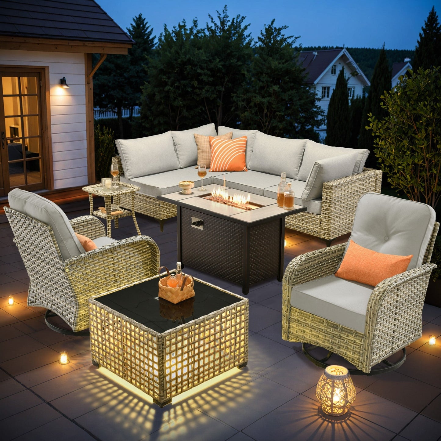 OVIOS Ensemble de 9 pièces en rotin pour extérieur avec chaise pivotante et table à feu.