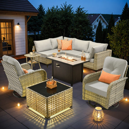 OVIOS Ensemble de 9 pièces en rotin pour extérieur avec chaise pivotante et table à feu.