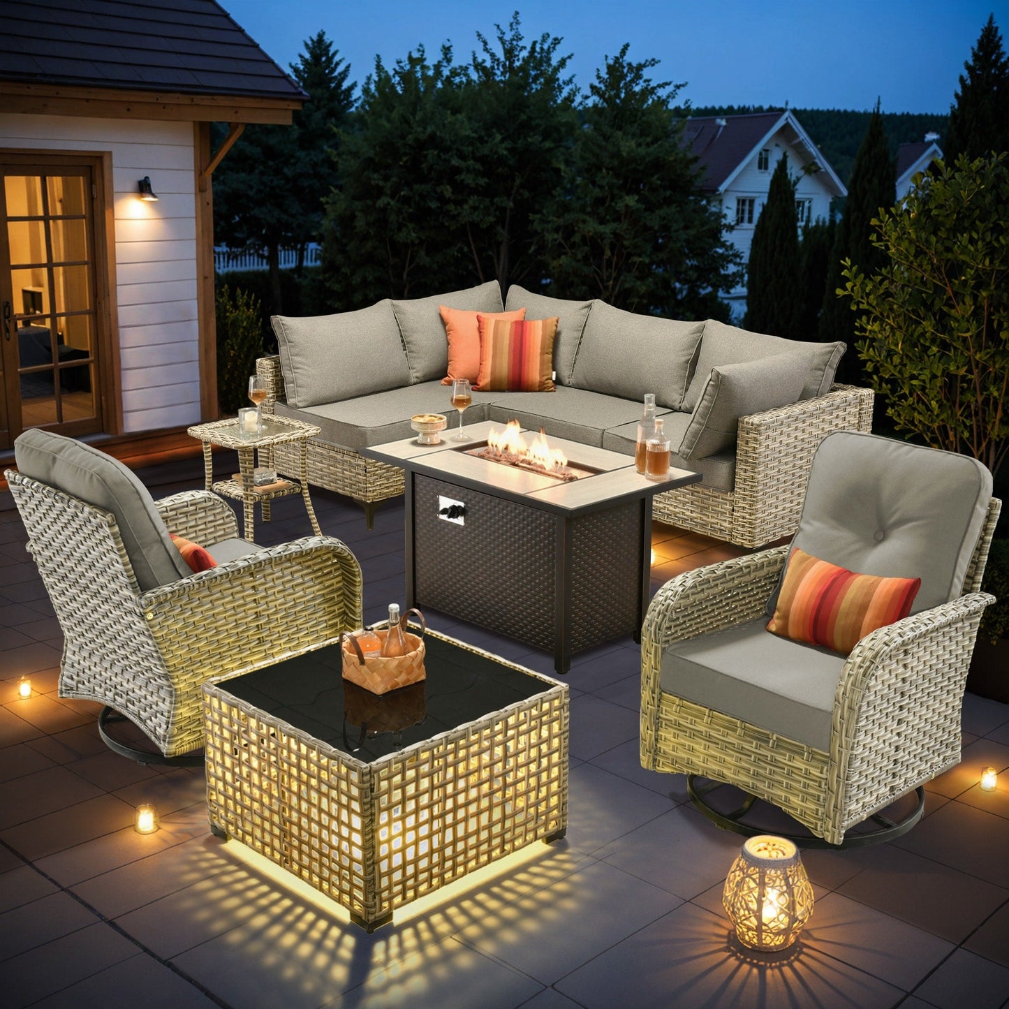 OVIOS Ensemble de 9 pièces en rotin pour extérieur avec chaise pivotante et table à feu.
