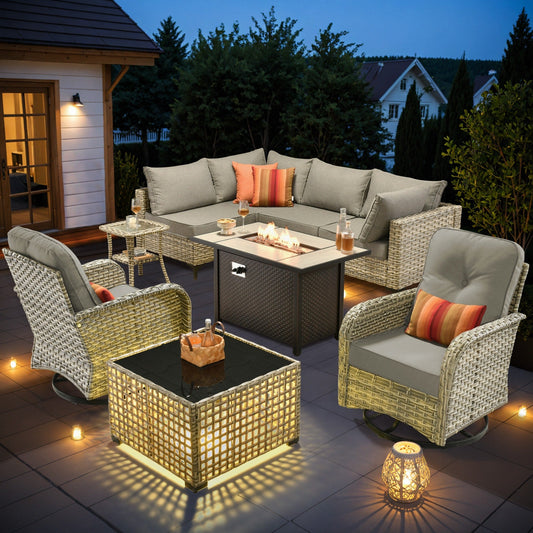 OVIOS Ensemble de 9 pièces en rotin pour extérieur avec chaise pivotante et table à feu.