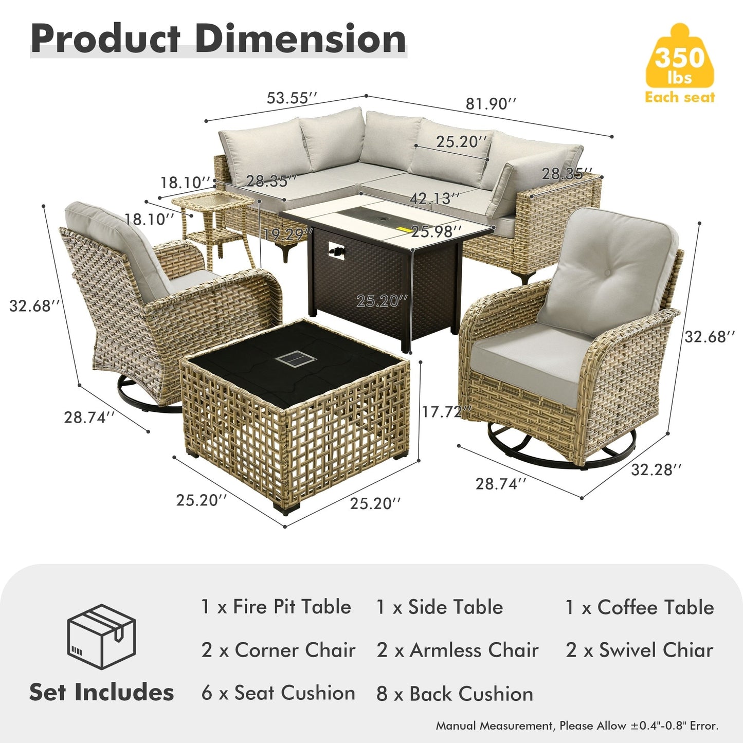 OVIOS Ensemble de 9 pièces en rotin pour extérieur avec chaise pivotante et table à feu.