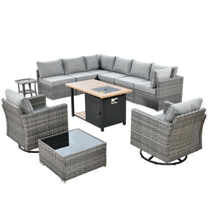 OVIOS Ensemble de salon en osier avec assises profondes, 11 pièces, chaises pivotantes, foyer.