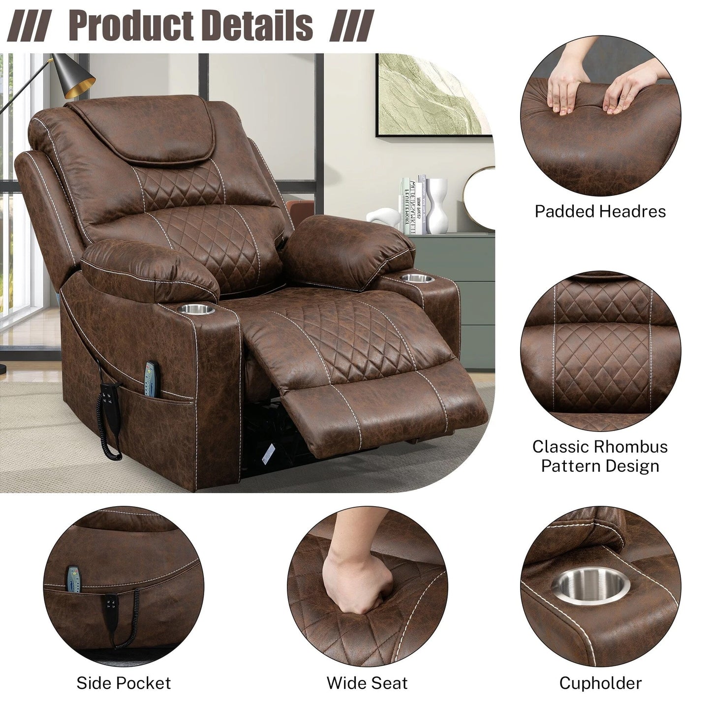 Chaise inclinable à levage électrique améliorée, modèle phare, à double moteur, avec contrôle indépendant, surdimensionnée, inclinable à 180° et à dossier plat.