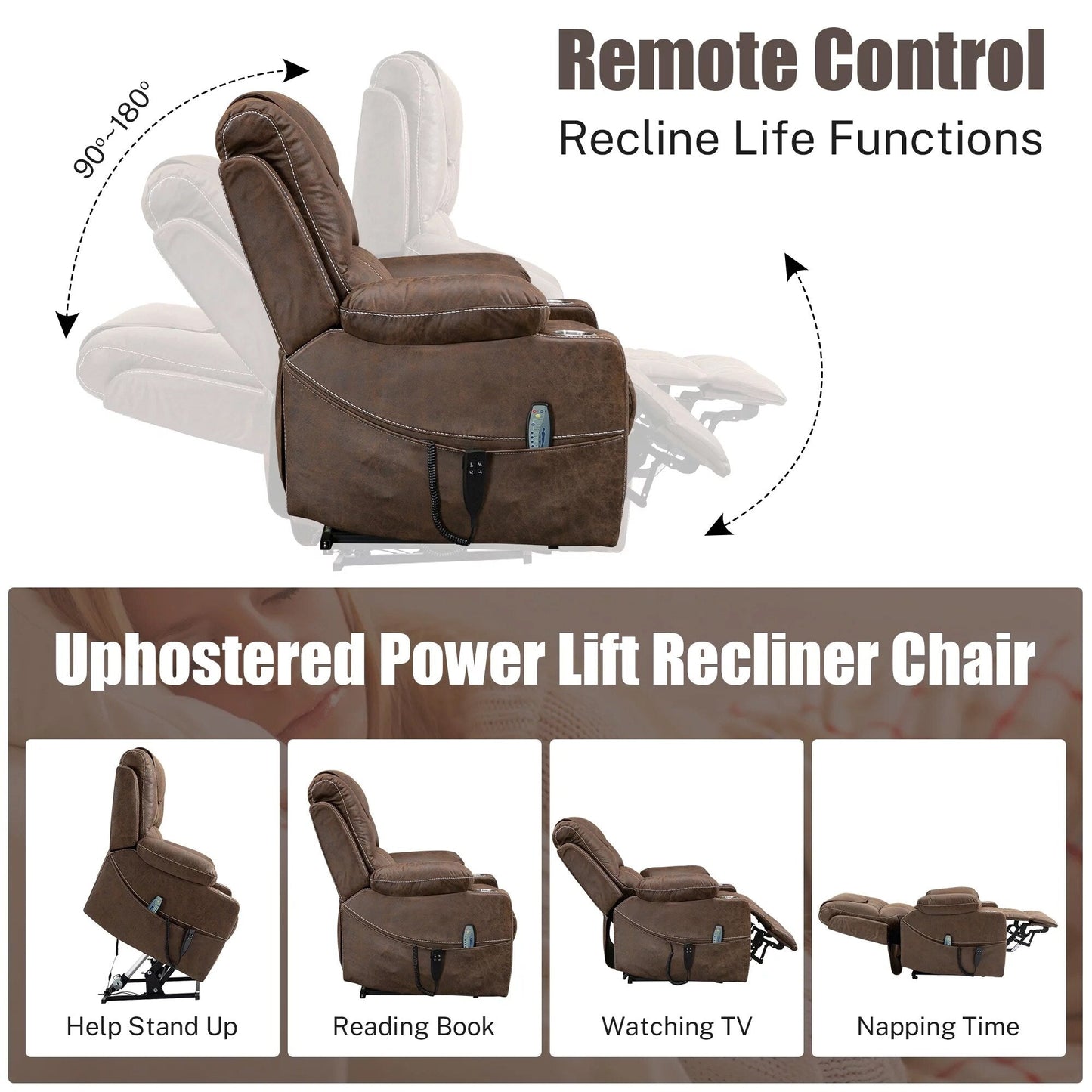 Chaise inclinable à levage électrique améliorée, modèle phare, à double moteur, avec contrôle indépendant, surdimensionnée, inclinable à 180° et à dossier plat.