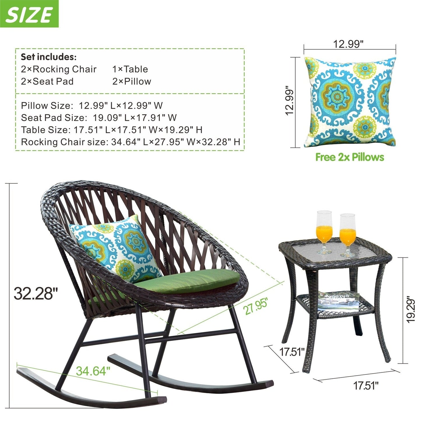 Ensemble de bistro pour terrasse OVIOS, 3 pièces, avec chaises à bascule et table basse en verre