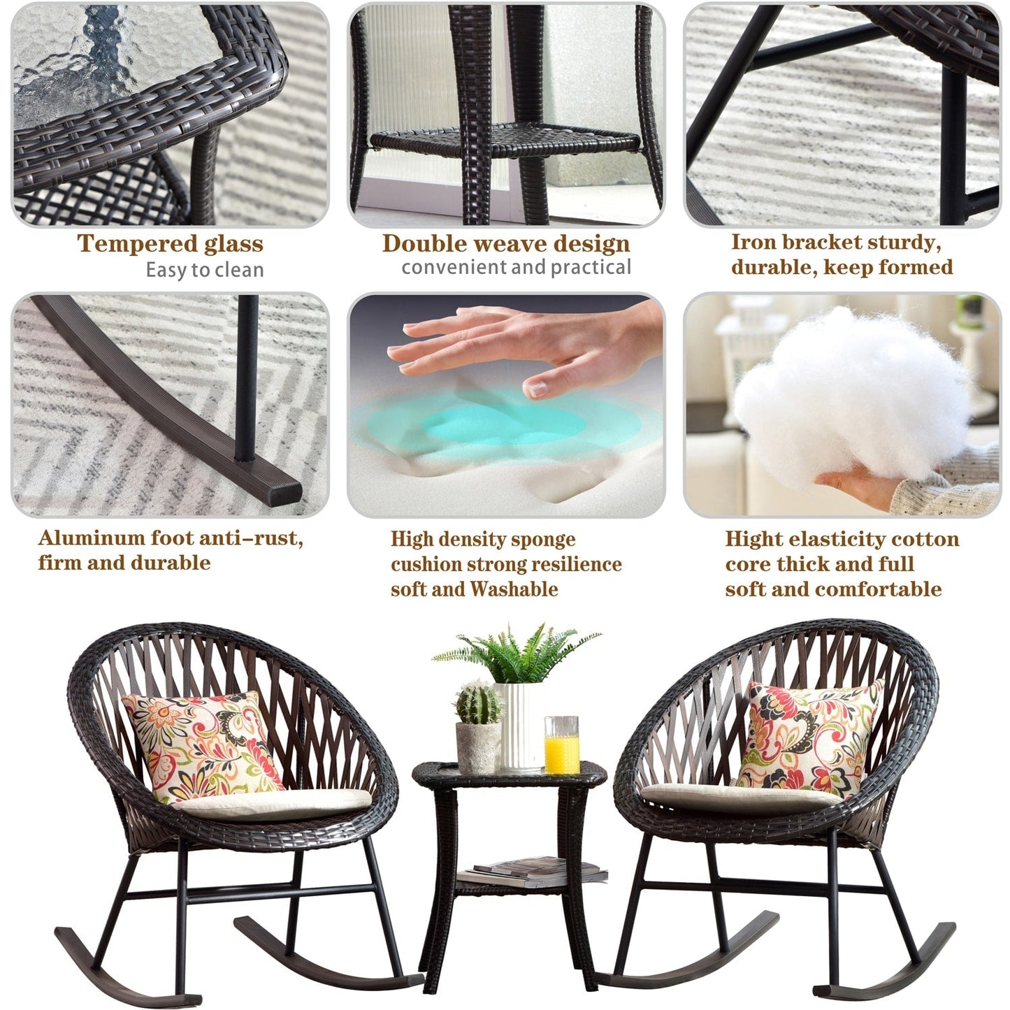 Ensemble de bistro pour terrasse OVIOS, 3 pièces, avec chaises à bascule et table basse en verre