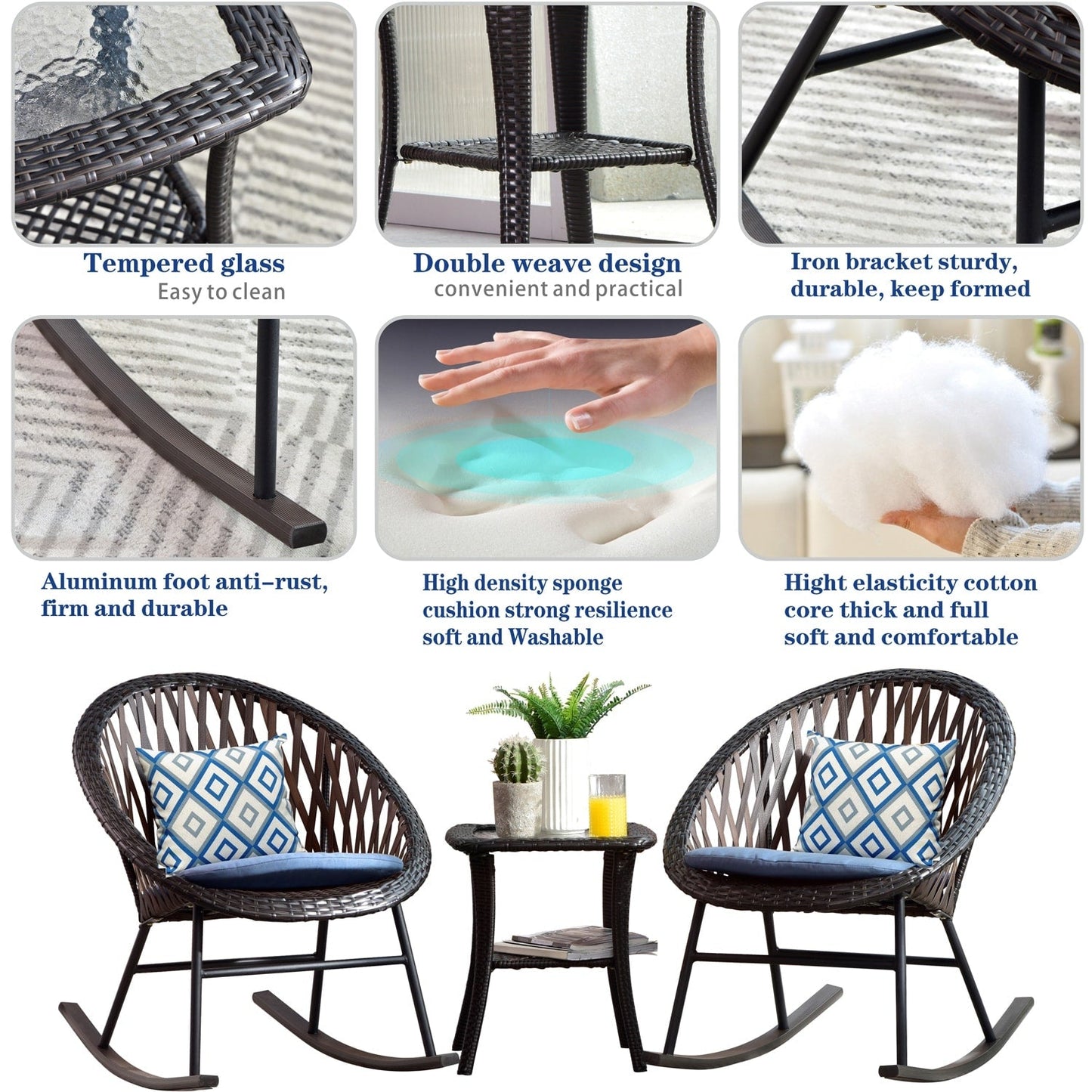 Ensemble de bistro pour terrasse OVIOS, 3 pièces, avec chaises à bascule et table basse en verre