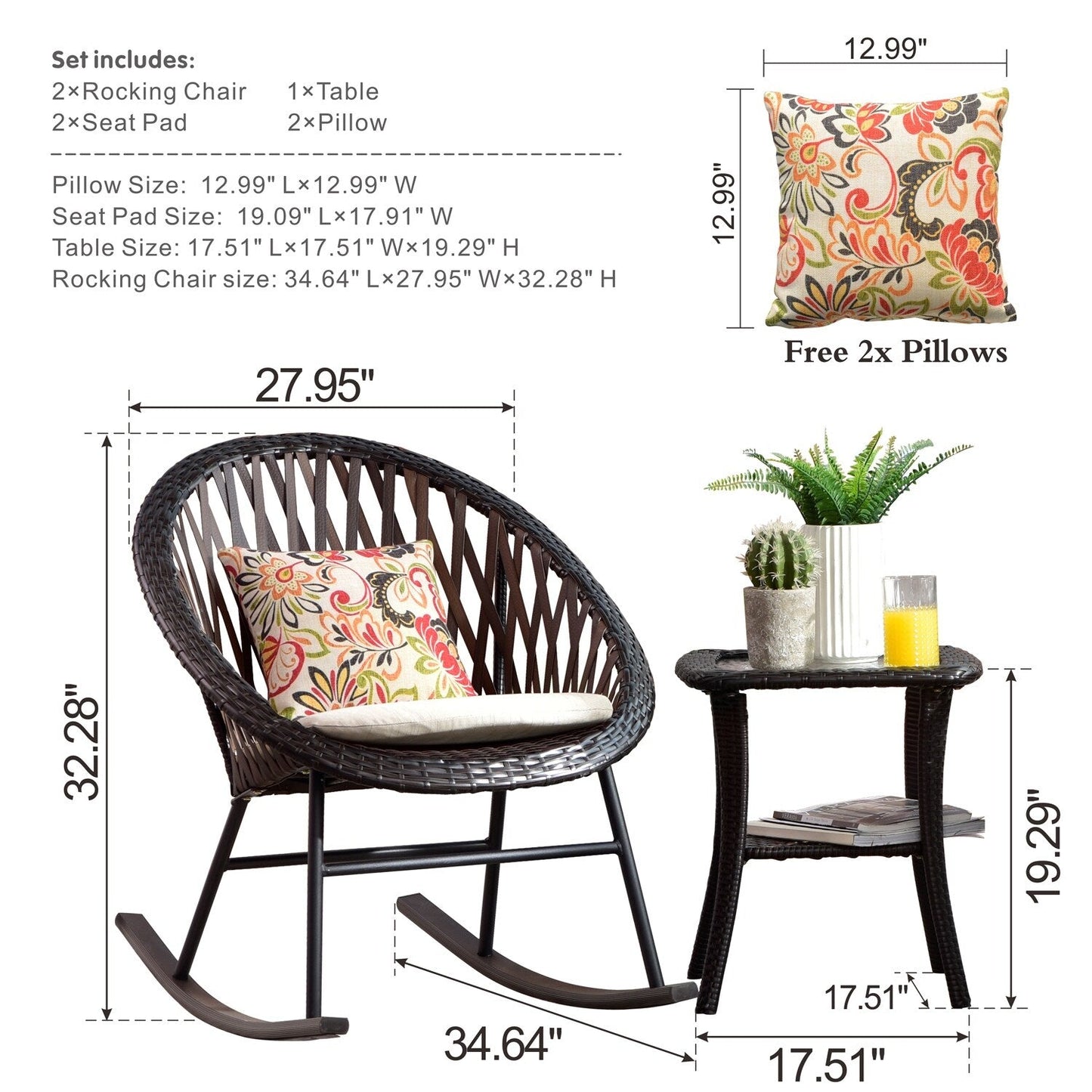 Ensemble de bistro pour terrasse OVIOS, 3 pièces, avec chaises à bascule et table basse en verre