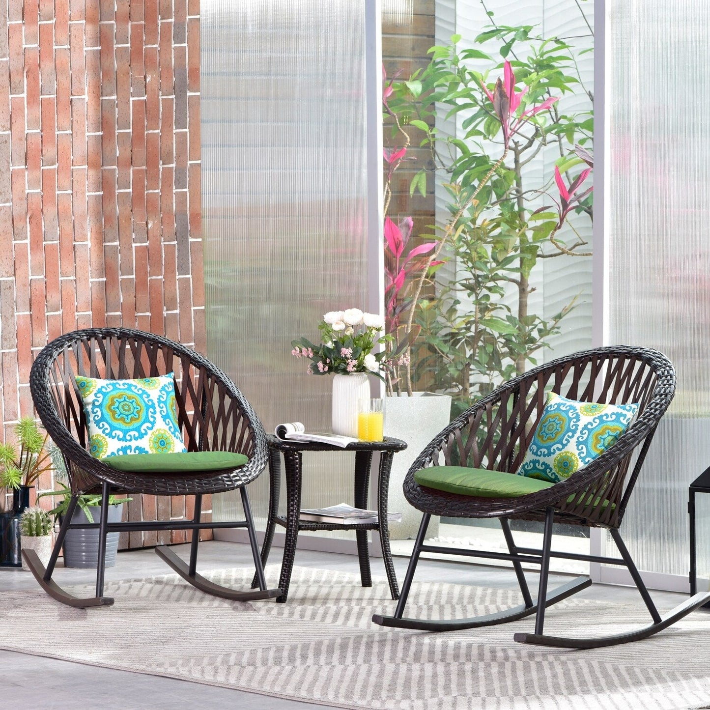 Ensemble de bistro pour terrasse OVIOS, 3 pièces, avec chaises à bascule et table basse en verre