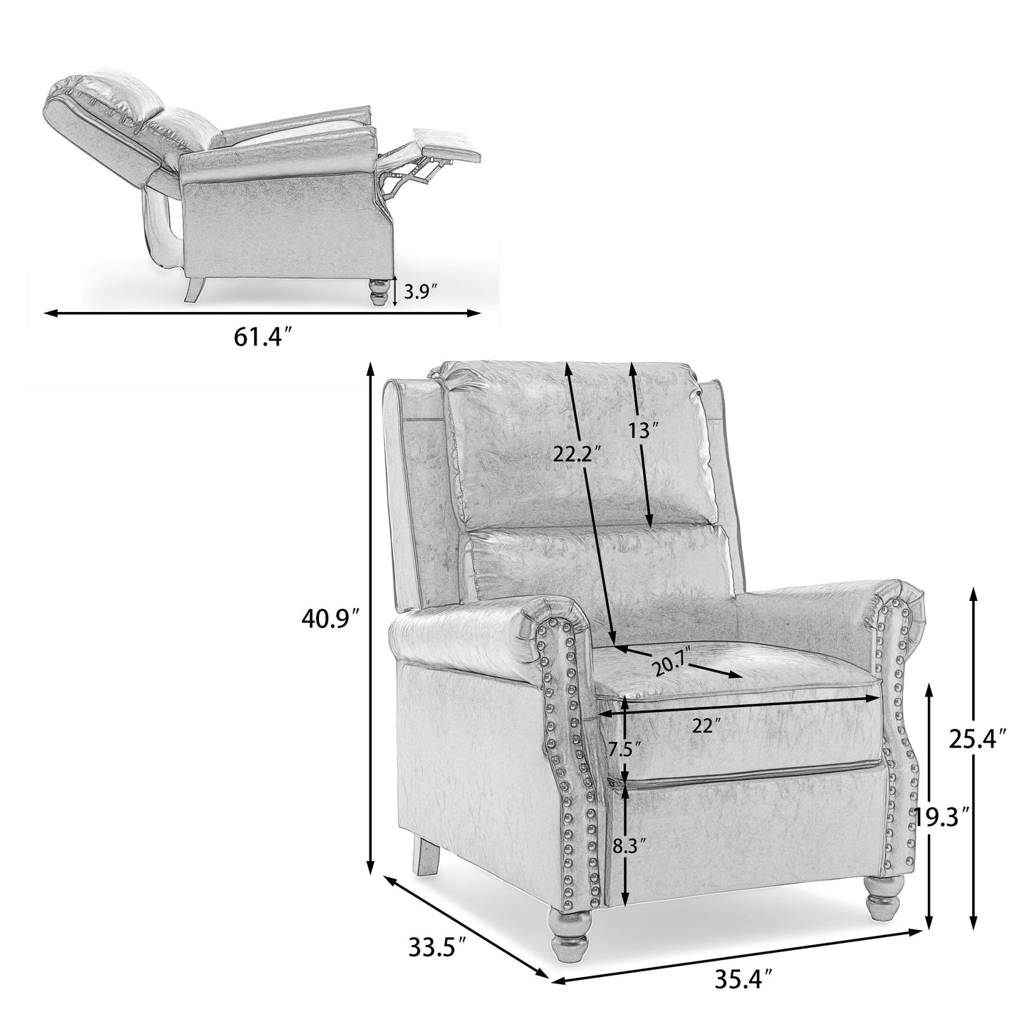 Fauteuils inclinables à commande manuelle avec garniture à clous cloutés