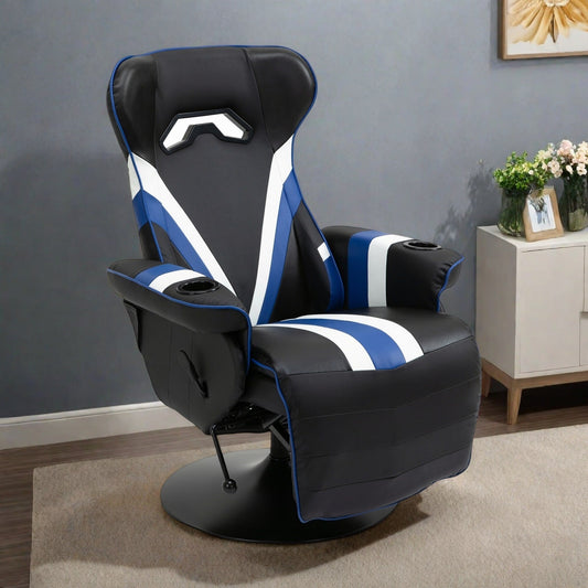 Fauteuil de jeu inclinable en PVC sans accoudoirs, avec repose-pieds, porte-gobelets et surpiqûres en losanges.