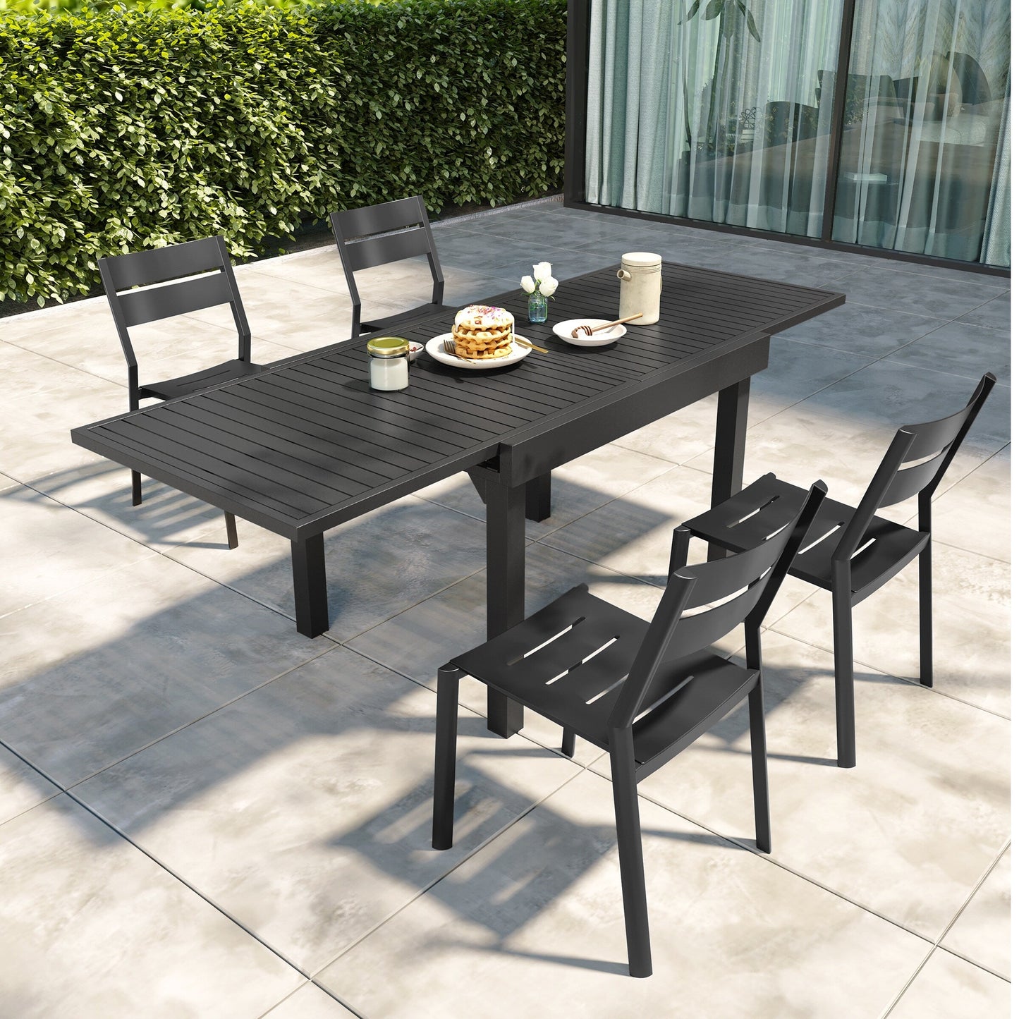 Ensemble de repas d'extérieur en aluminium Pellebant, 5/7/9 pièces, table extensible et chaises empilables