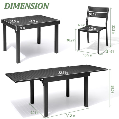 Ensemble de repas d'extérieur en aluminium Pellebant, 5/7/9 pièces, table extensible et chaises empilables