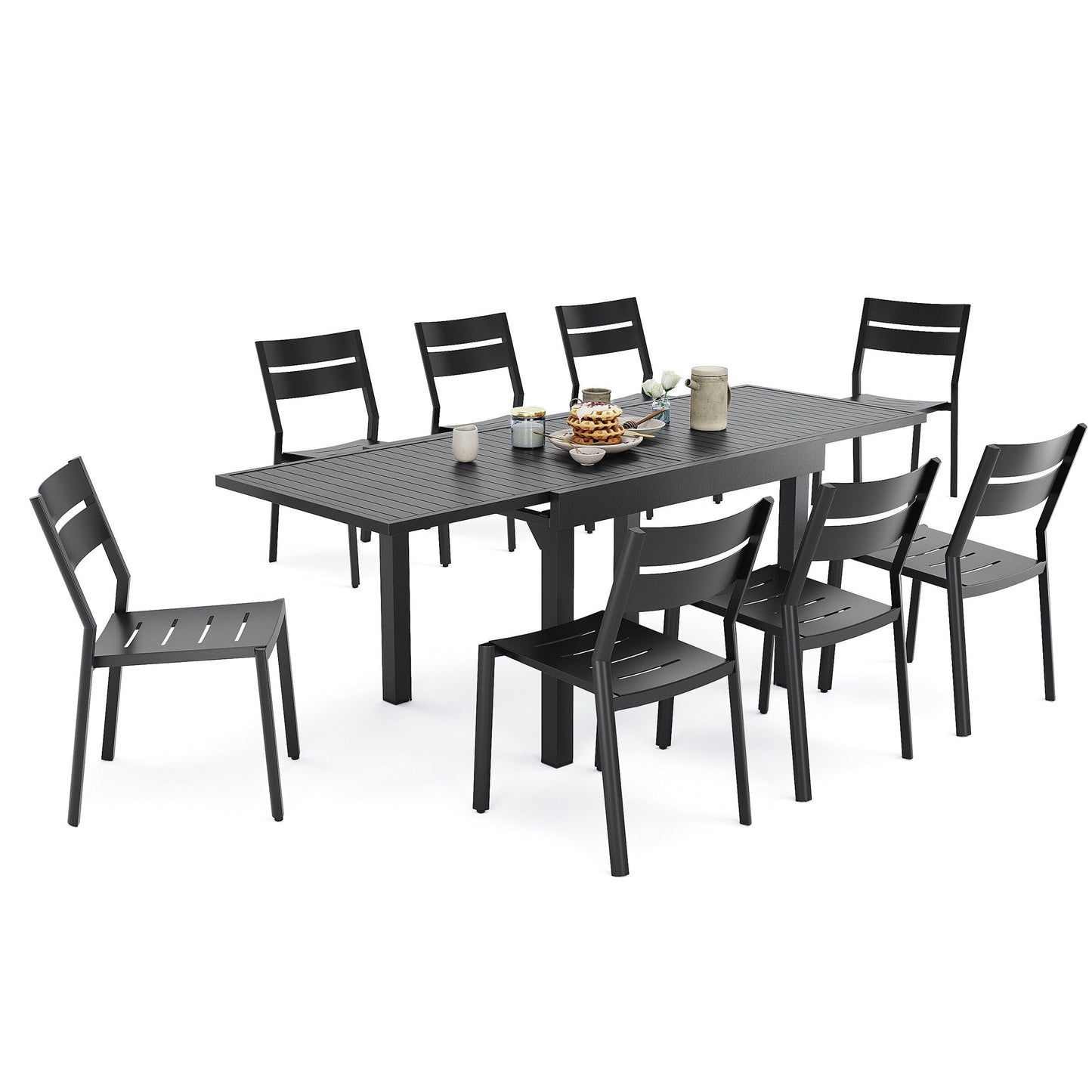 Ensemble de repas d'extérieur en aluminium Pellebant, 5/7/9 pièces, table extensible et chaises empilables