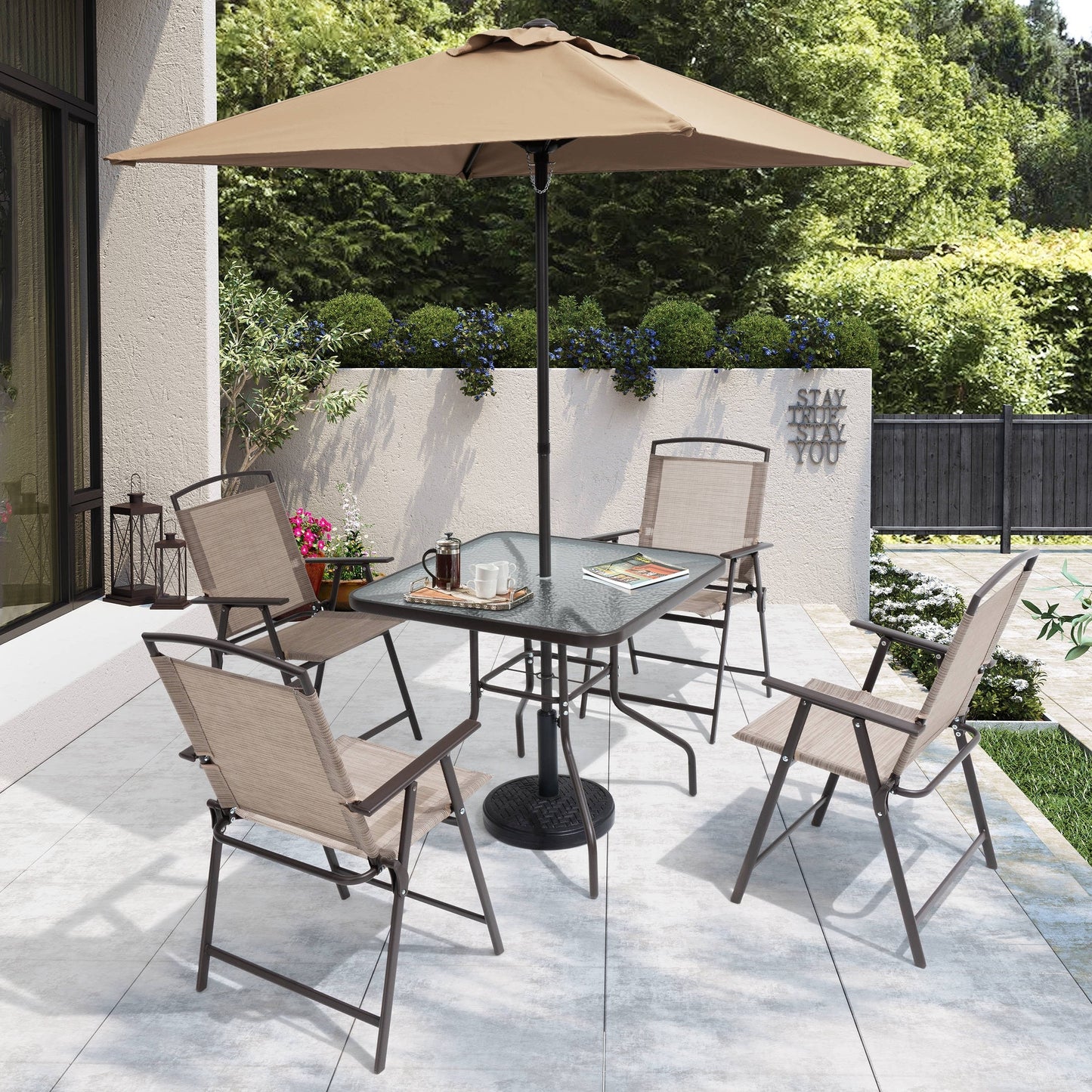 Ensemble de jardin 6 pièces Pellebant avec table, parasol et 4 chaises pliantes - 57x68x87cm (LxlxH)