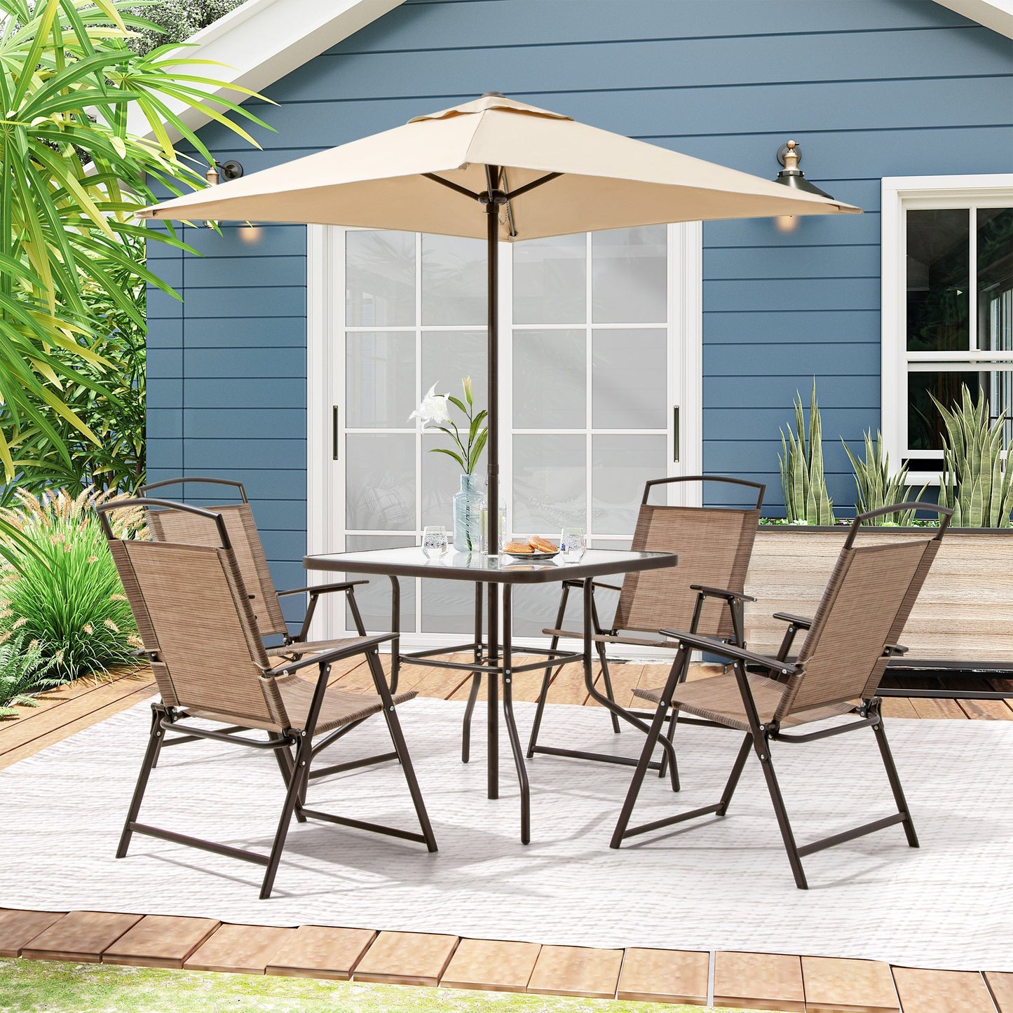 Ensemble de jardin 6 pièces Pellebant avec table, parasol et 4 chaises pliantes - 57x68x87cm (LxlxH)
