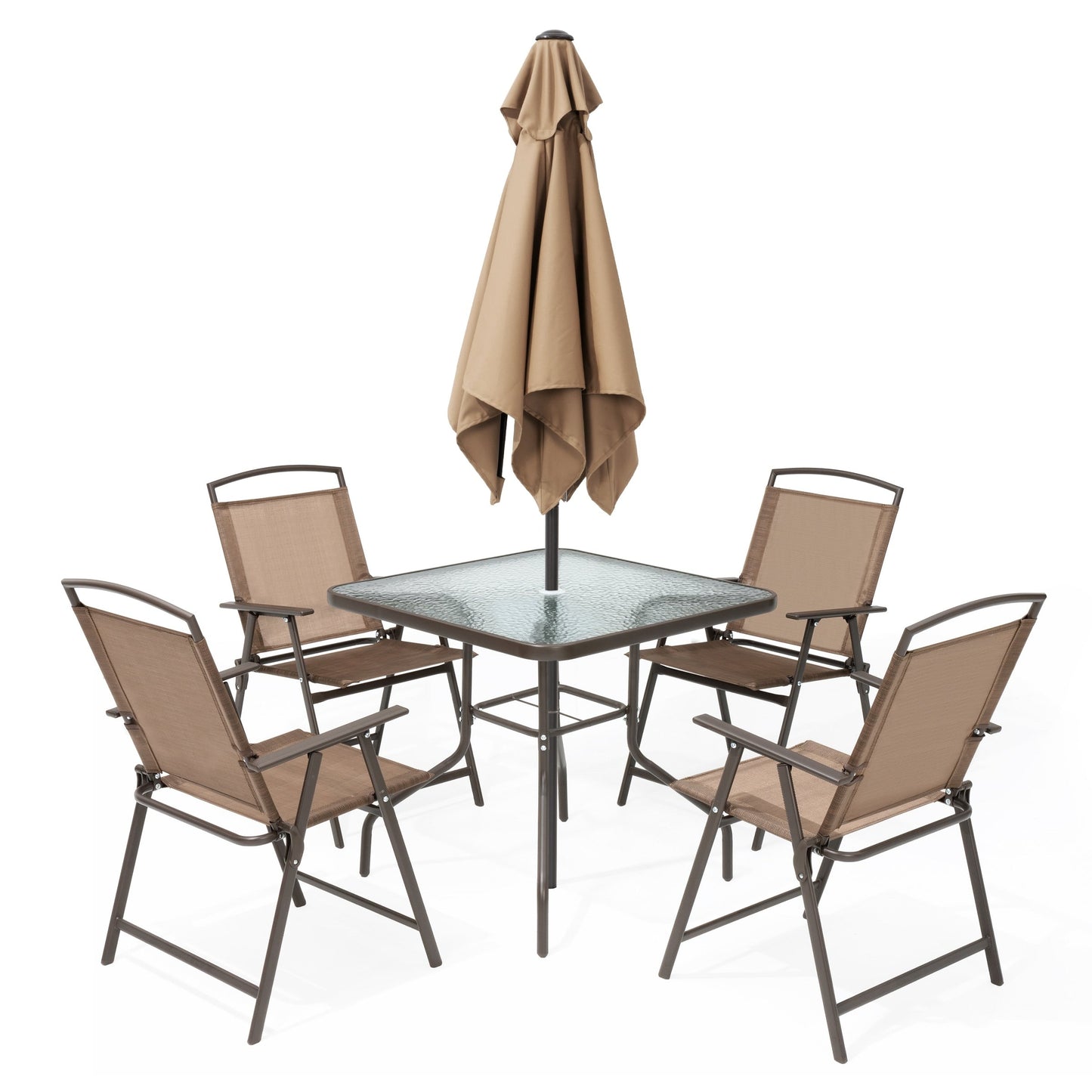 Ensemble de jardin 6 pièces Pellebant avec table, parasol et 4 chaises pliantes - 57x68x87cm (LxlxH)