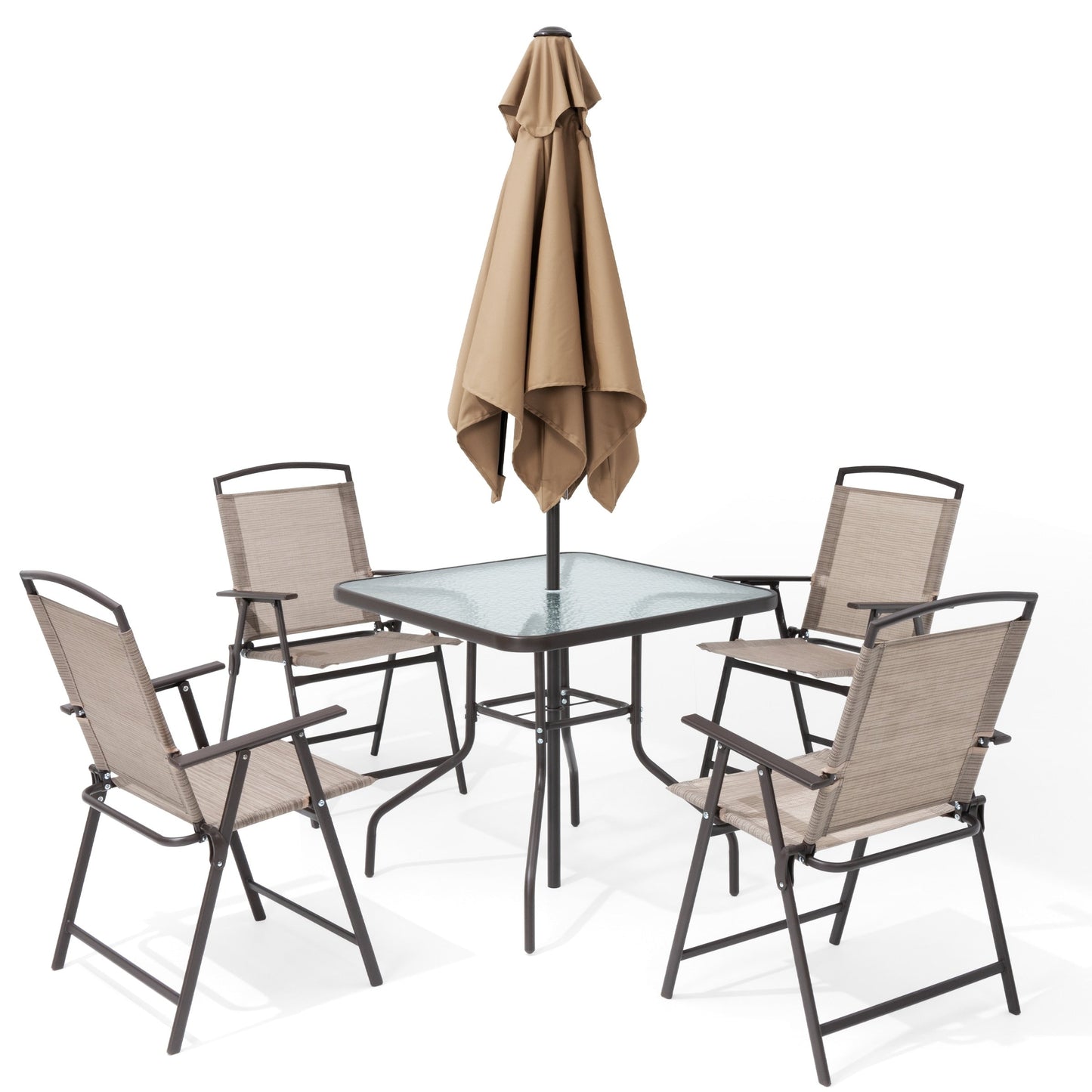 Ensemble de jardin 6 pièces Pellebant avec table, parasol et 4 chaises pliantes - 57x68x87cm (LxlxH)