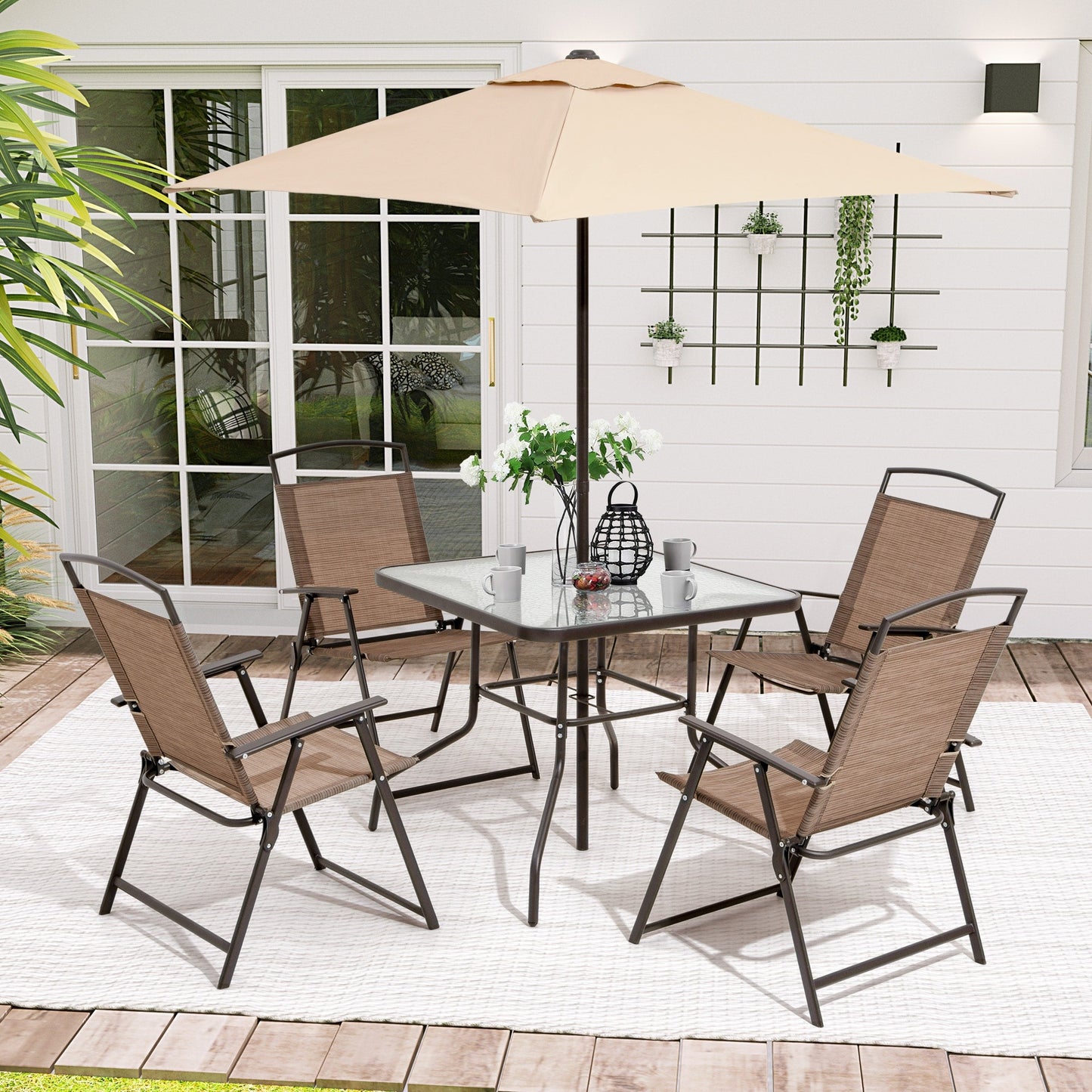 Ensemble de jardin 6 pièces Pellebant avec table, parasol et 4 chaises pliantes - 57x68x87cm (LxlxH)