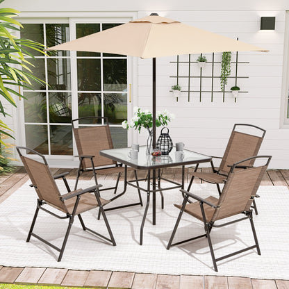 Ensemble de jardin 6 pièces Pellebant avec table, parasol et 4 chaises pliantes - 57x68x87cm (LxlxH)