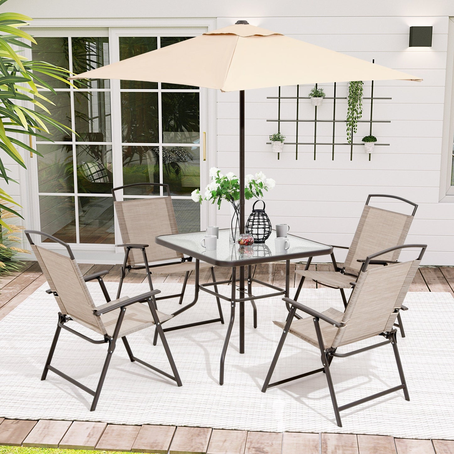 Ensemble de jardin 6 pièces Pellebant avec table, parasol et 4 chaises pliantes - 57x68x87cm (LxlxH)