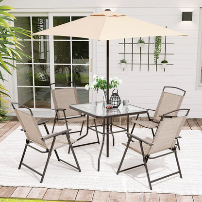 Ensemble de jardin 6 pièces Pellebant avec table, parasol et 4 chaises pliantes - 57x68x87cm (LxlxH)