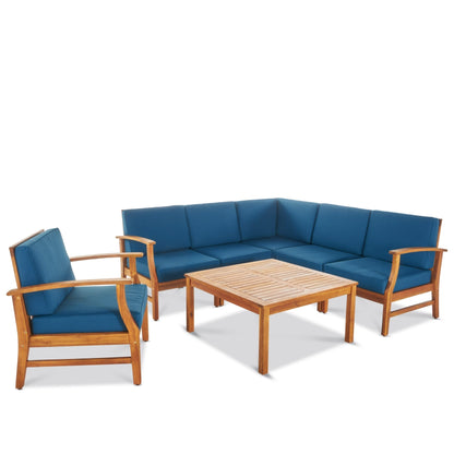 Ensemble de canapé d'extérieur Perla en bois d'acacia, 7 pièces, avec coussins, par Christopher Knight Home