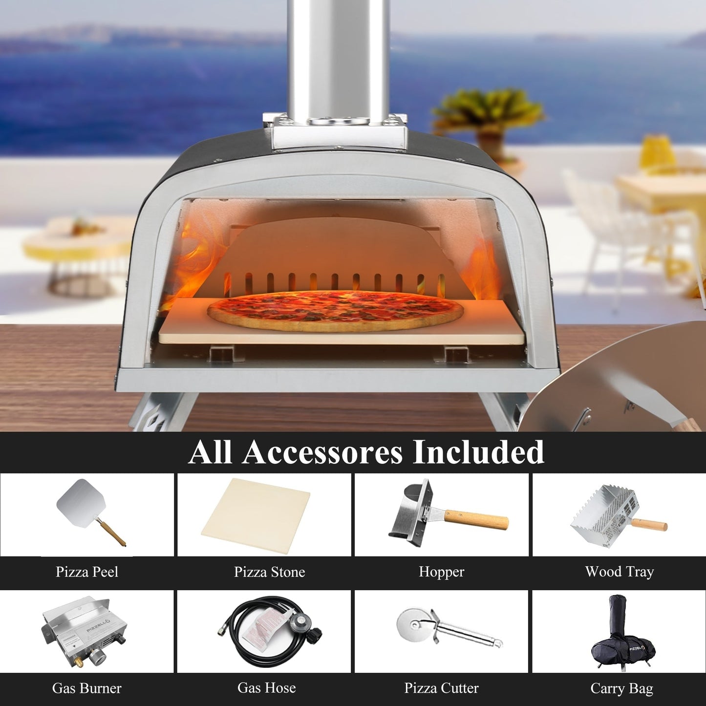Four à pizza extérieur multi-combustible, cuiseur à pizza sur pierre avec brûleur à gaz et foyer à bois - 30 cm (12 pouces)