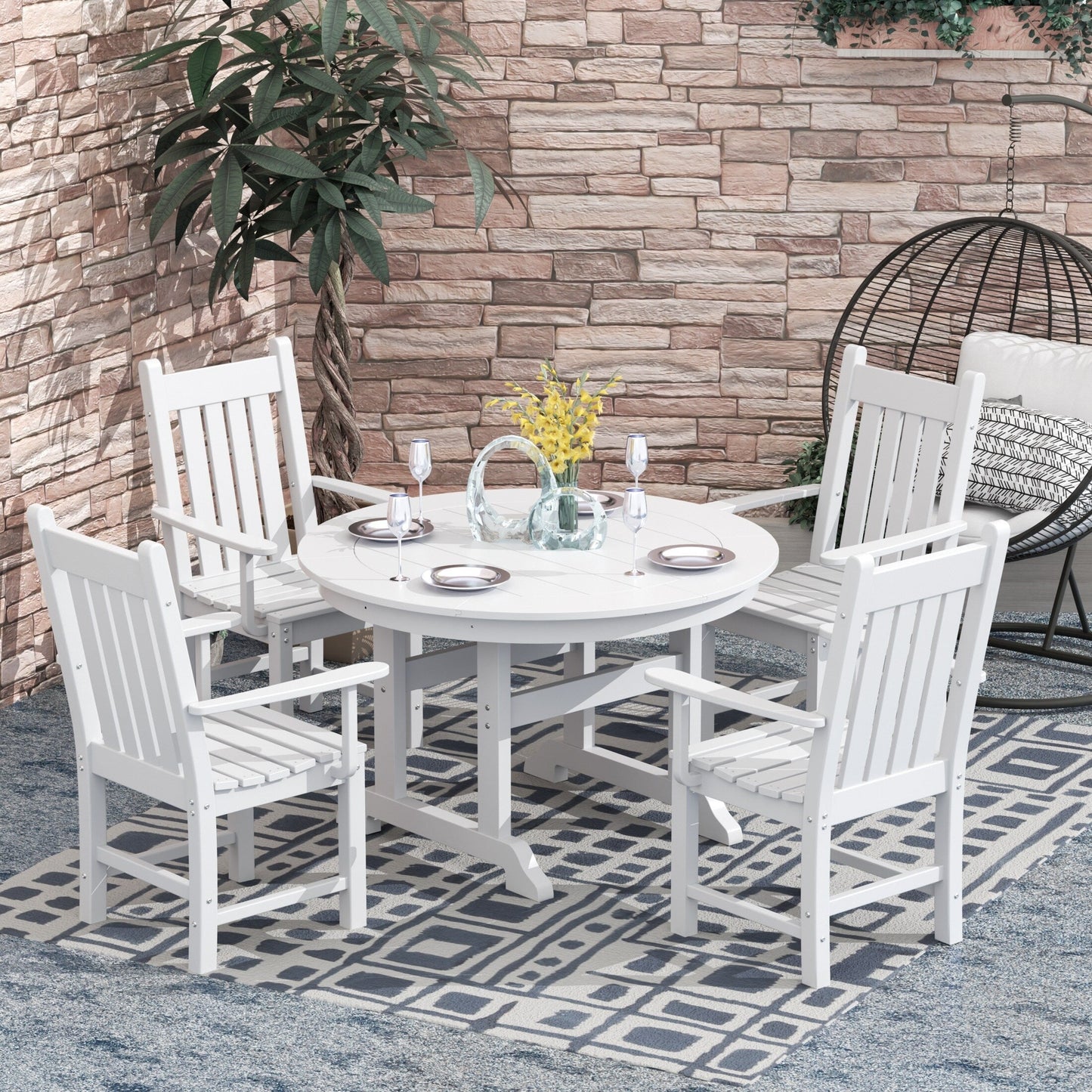 Ensemble de repas de jardin Polytrends Laguna en HDPE, résistant aux intempéries, avec table ronde et chaises (ensemble de 5 pièces)