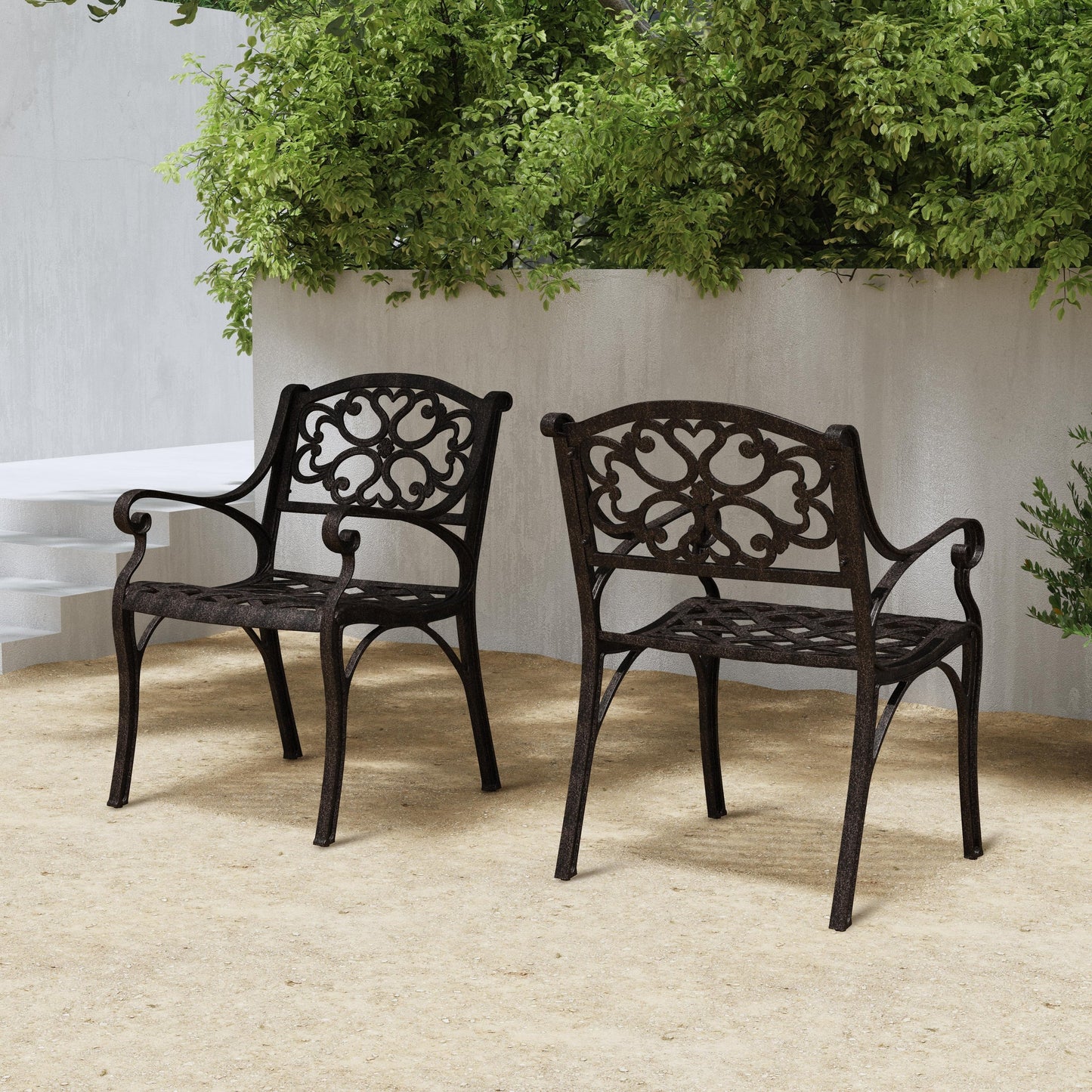 Ensemble de salle à manger d'extérieur Sanibel en bronze et aluminium, 7 pièces, comprenant une table ovale de 72 pouces et six chaises à accoudoirs de Homestyles.
