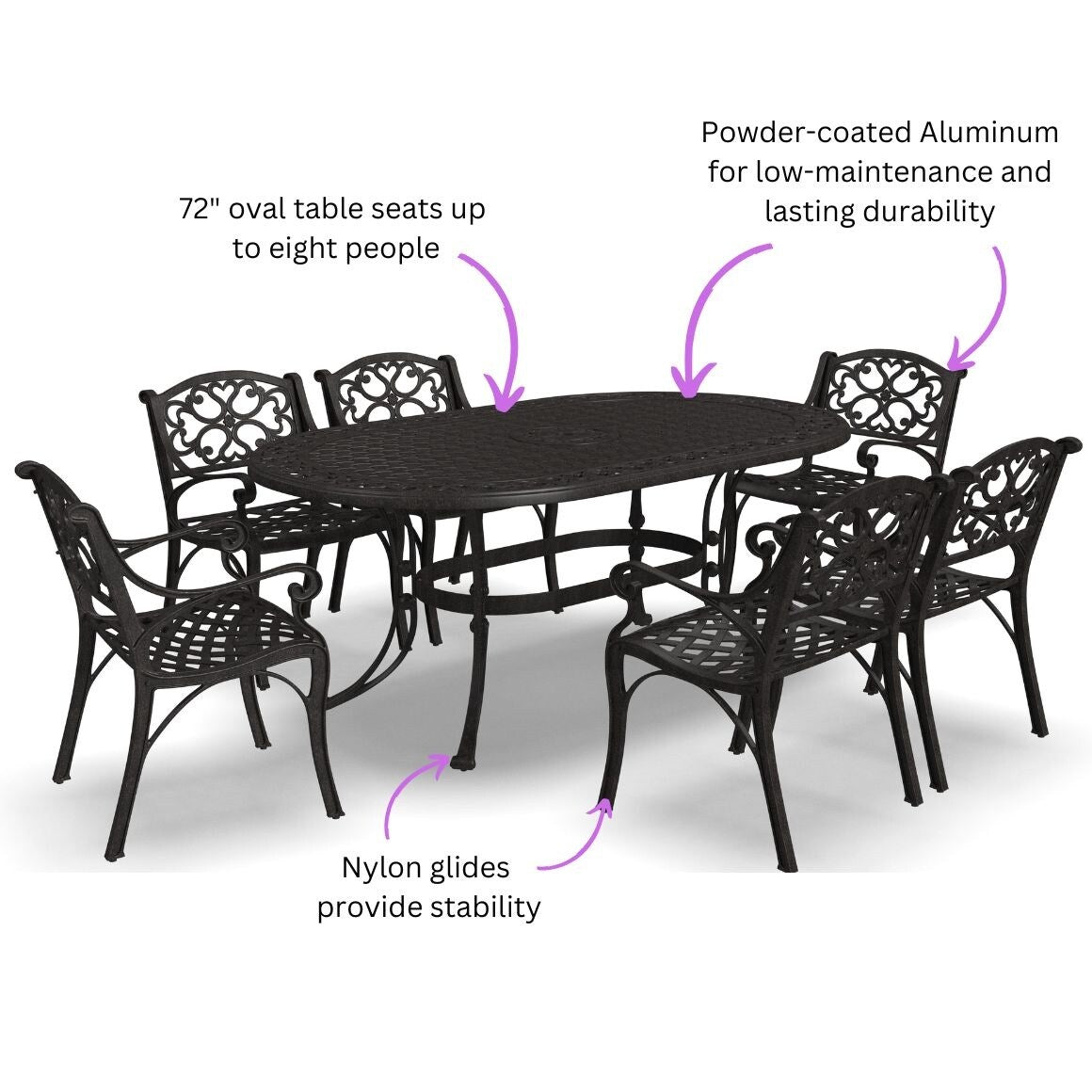 Ensemble de salle à manger d'extérieur Sanibel en bronze et aluminium, 7 pièces, comprenant une table ovale de 72 pouces et six chaises à accoudoirs de Homestyles.