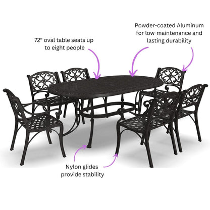 Ensemble de salle à manger d'extérieur Sanibel en bronze et aluminium, 7 pièces, comprenant une table ovale de 72 pouces et six chaises à accoudoirs de Homestyles.