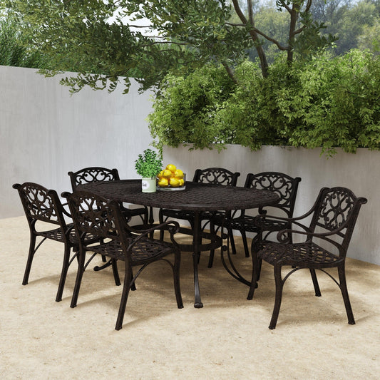 Ensemble de salle à manger d'extérieur Sanibel en bronze et aluminium, 7 pièces, comprenant une table ovale de 72 pouces et six chaises à accoudoirs de Homestyles.