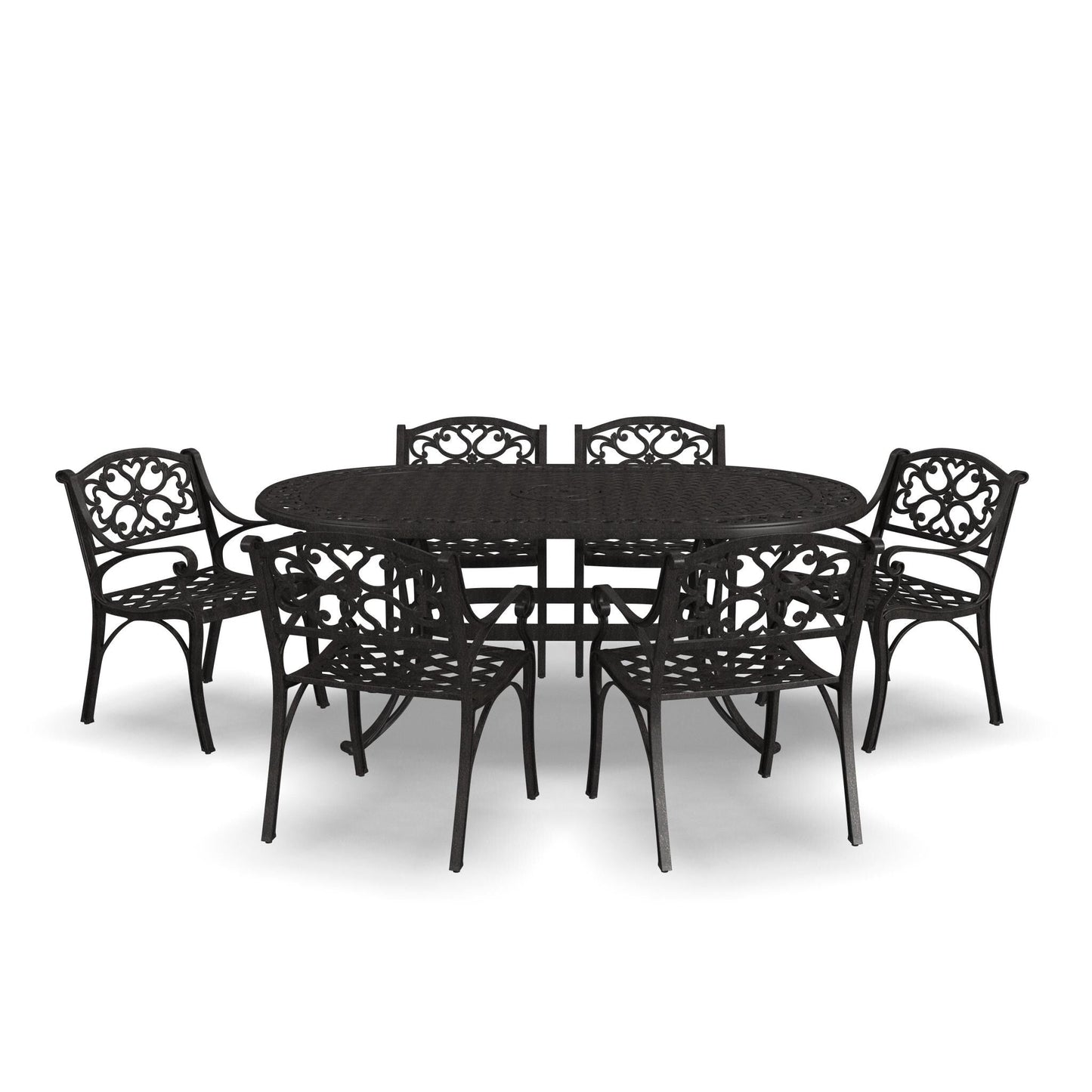 Ensemble de salle à manger d'extérieur Sanibel en bronze et aluminium, 7 pièces, comprenant une table ovale de 72 pouces et six chaises à accoudoirs de Homestyles.