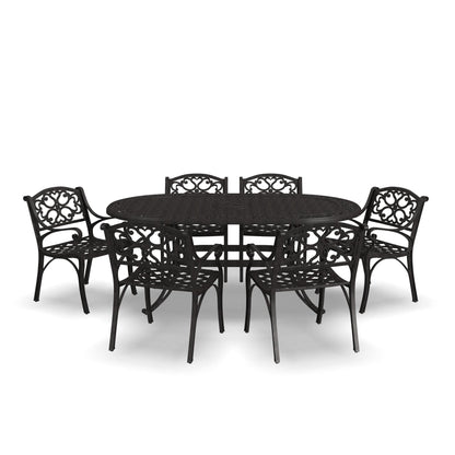Ensemble de salle à manger d'extérieur Sanibel en bronze et aluminium, 7 pièces, comprenant une table ovale de 72 pouces et six chaises à accoudoirs de Homestyles.