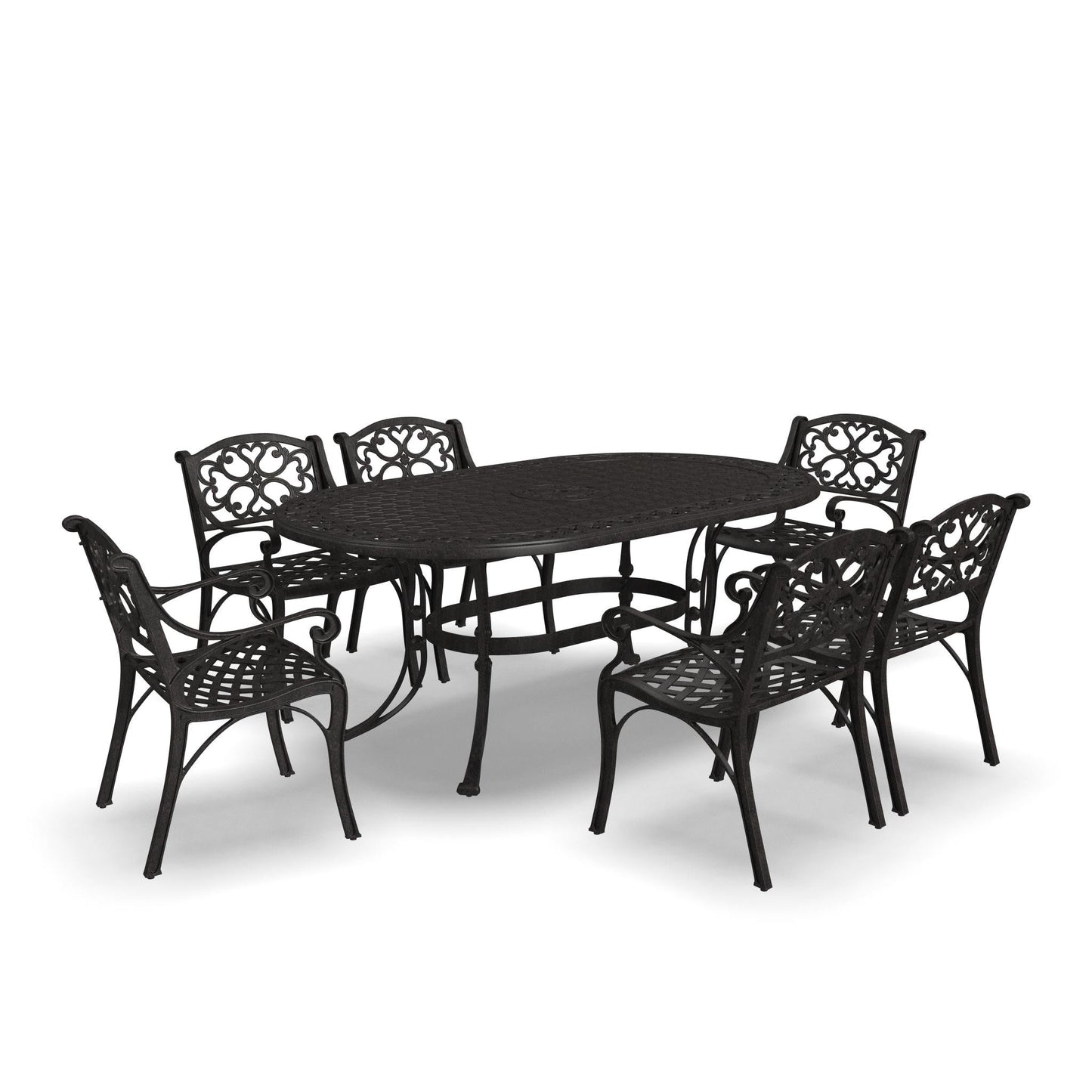 Ensemble de salle à manger d'extérieur Sanibel en bronze et aluminium, 7 pièces, comprenant une table ovale de 72 pouces et six chaises à accoudoirs de Homestyles.
