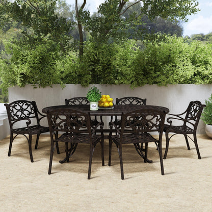 Ensemble de salle à manger d'extérieur Sanibel en bronze et aluminium, 7 pièces, comprenant une table ovale de 72 pouces et six chaises à accoudoirs de Homestyles.